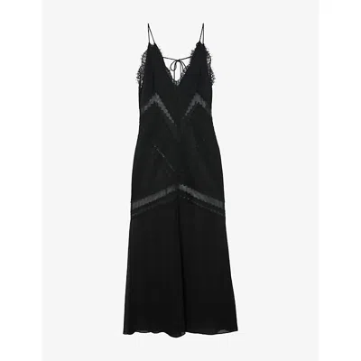 Reiss Womens Black Veronica Mesh-panel Woven Maxi Slip Dress