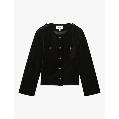 Reiss Womens Black Viola Boxy-fit Velvet Cropped Jacket