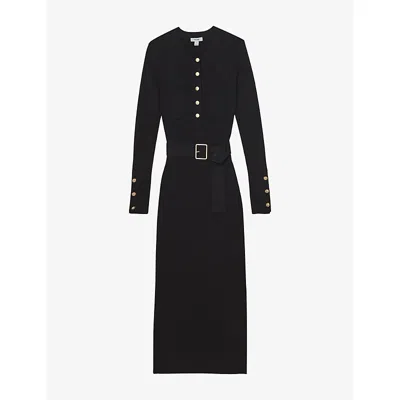 REISS WOMENS BLACK WILLOW BUTTON-DOWN LONG-SLEEVE STRETCH-KNIT MIDI DRESS XS
