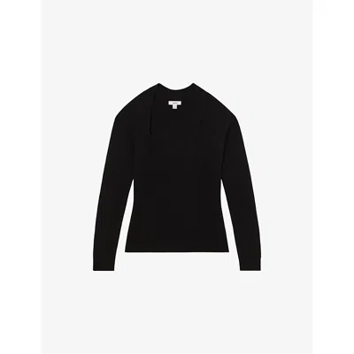 Reiss Womens Black Zoie Slant-neck Long-sleeve Stretch-knit Top Xs