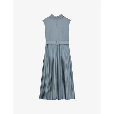Reiss Womens  Ania Pleated-skirt Woven Midi Dress In Blue