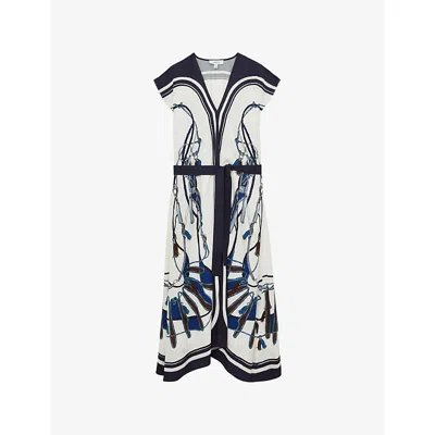 Reiss Womens Blue Brown Gemma Tie-belt Woven Midi Dress In Multi