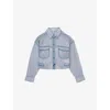 Reiss Womens Blue Darcy Denim-print Cropped Cotton Shirt