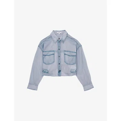Reiss Womens Blue Darcy Denim-print Cropped Cotton Shirt