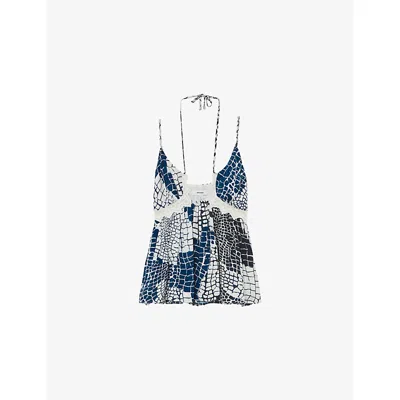 Reiss Womens Estella Animal-print Self-tie Woven Top Blue