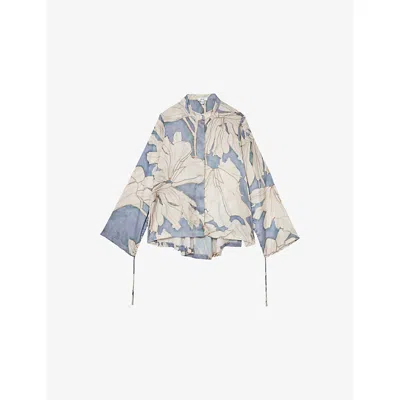 Reiss Womens Gigi Floral-print Satin Shirt Blue