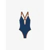 Reiss Womens Blue/tan Frankie Plunge-neck Contrast-trim Stretch-woven Swimsuit