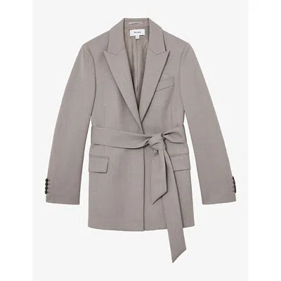 Reiss Womens Briony Belted-waist Single-breasted Wool-blend Blazer Grey In Gray