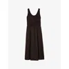 Reiss Anouk Embroidered Shirred Cotton Midi Dress In Brown