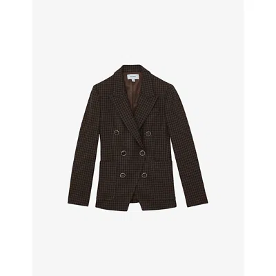 REISS WOMENS BROWN CHECK AYLA CHECKED DOUBLE-BREASTED WOOL-BLEND BLAZER