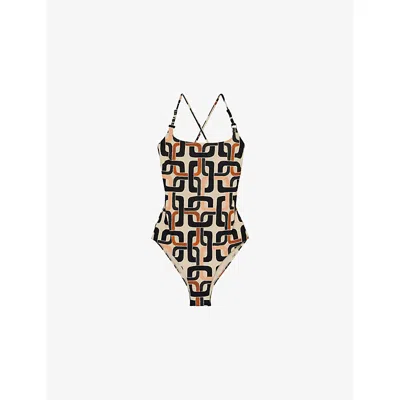 Reiss Womens Brown Cream Florence Chain-print Square-neck Stretch-cotton Swimsuit
