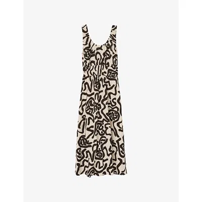 Reiss Womens Brown Ivory Akari Abstract-print Linen-blend Midi Dress