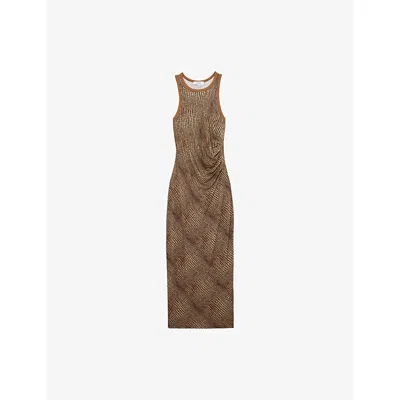 Reiss Womens Brown Lola Snake-print Jersey Midi Dress Xs