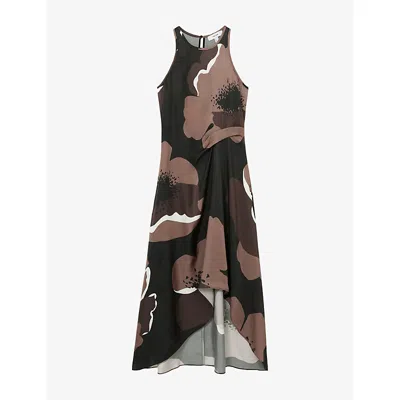 Reiss Womens Michalie Floral-print Satin Midi Dress Brown