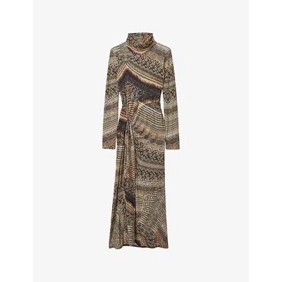 Reiss Womens  Naomi Snake-print Stretch-jersey Midi Dre In Brown
