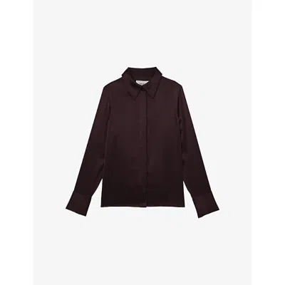 Reiss Womens Burgundy Ameira Concealed-placket Long-sleeve Silk Shirt