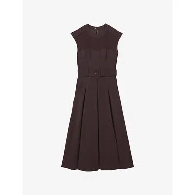 Reiss Womens Burgundy Ava Belted-waist Stretch-woven Midi Dress