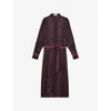 Reiss Womens Burgundy Black Daria Snake-print Belted-waist Woven Midi Dress In Burgundy