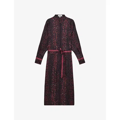REISS WOMENS BURGUNDY BLACK DARIA SNAKE-PRINT BELTED-WAIST WOVEN MIDI DRESS