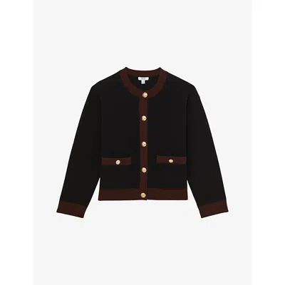 REISS WOMENS REISS OLIVE CONTRAST-TRIM WOOL AND CASHMERE-BLEND CARDIGAN