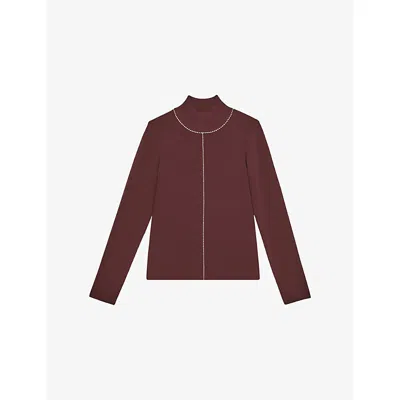 Reiss Womens Burgundy Camel Kya Contrast-stitch Stretch-knit Jumper
