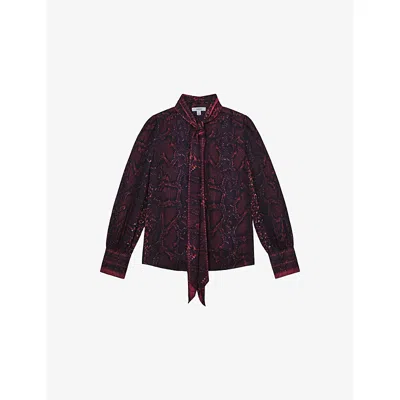 REISS WOMENS BURGUNDY DANA SNAKE-PRINT TIE-NECK WOVEN BLOUSE