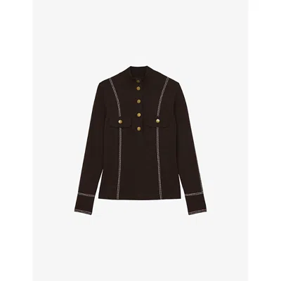 Reiss Womens Burgundy Eva Contrast-stitch Long-sleeve Stretch-knit Top