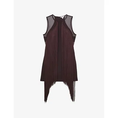 Reiss Womens  Farrow Fringed-hem Stretch-woven Mini Dress In Burgundy