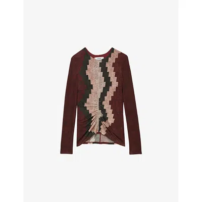 Reiss Womens Gianna Abstract-pattern Lyocell-blend Top Burgundy