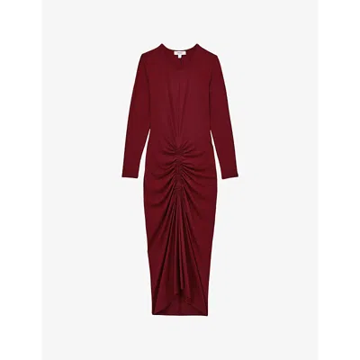 Reiss Womens Ginny Ruched Stretch-jersey Midi Dress Burgundy