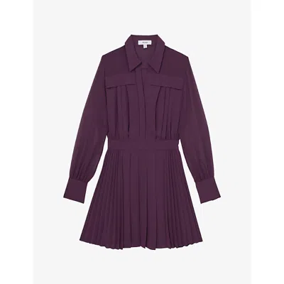 Reiss Womens  Giselle Sheer-sleeve Pleated Woven Mini Dress In Burgundy