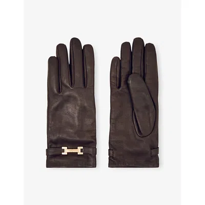 Reiss Womens Burgundy Harriet Logo-embellished Leather Gloves In Brown