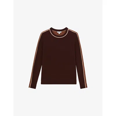 REISS WOMENS BURGUNDY TAN ANNE CREWNECK COLOUR-BLOCK WOOL AND CASHMERE-BLEND JUMPER