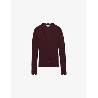 Reiss Womens Burgundy Vinny Scallop-trim Ribbed-knit Cardigan