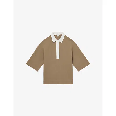Reiss Womens Gaia Open-collar Relaxed-fit Stretch Cotton-blend Top Camel