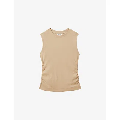 Reiss Womens Camel Trudy Ruched Stretch-cotton Top In Neutral