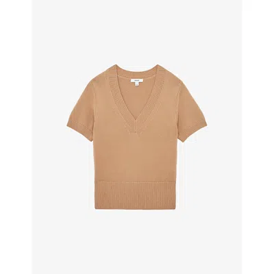 Reiss Womens Camel Valerie V-neck Cotton And Wool-blend Knitted Top In Brown