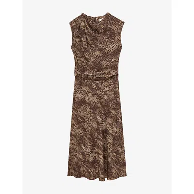 Reiss Womens Camie Draped-detail Printed Woven Midi Dress Brown Print