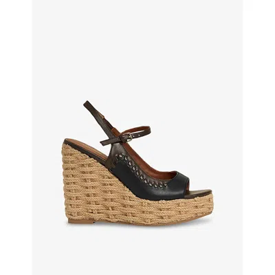 Reiss Womens Chocolate Black Camila Leather Wedge Sandals Eur 38/5 Uk