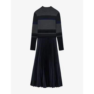 Reiss Womens Carla Striped Pleated Wool-blend Midi Dress Grey In Black