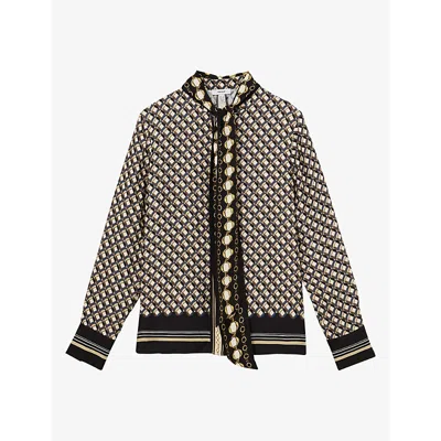 Reiss Womens Carmine Tie-neck Scarf-print Satin Shirt Navy Gold