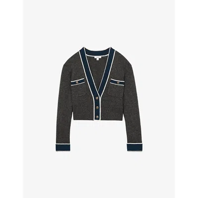 Reiss Womens Charcoal Eloise V-neck Contrast-trim Wool And Cashmere-blend Cardigan