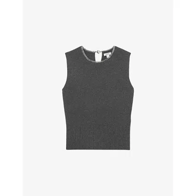 Reiss Womens Charcoal Grey Necklace-trim Sleeveless Knitted Top In Gray