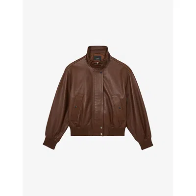 Reiss Womens Chestnut Brown Cara Funnel-neck Leather Jacket