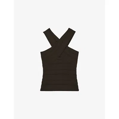 Reiss Womens Chocolate Alex Crossover-neck Stretch-knit Top Xs In Brown