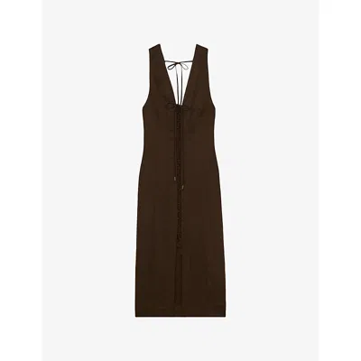 Reiss Womens Amelia Lattice-front Linen Midi Dress Chocolate Brown
