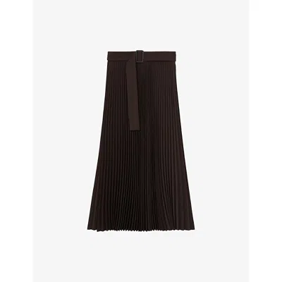 Reiss Womens Ava Pleated Belted Woven Midi Skirt Chocolate Brown
