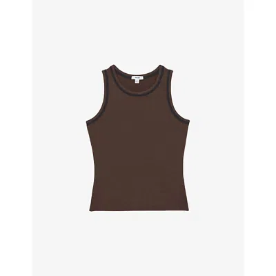 Reiss Womens Chocolate Brown Black Becca Contrast-trim Stretch-cotton Vest