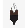 Reiss Womens Chocolate Brown Black Ray Colour-block Stretch-woven Swimsuit In Brown