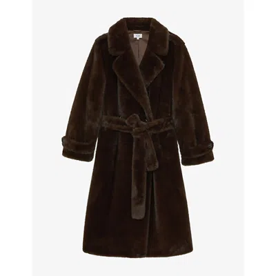 REISS WOMENS CHOCOLATE BROWN CATE BELTED-WAIST FAUX-FUR COAT